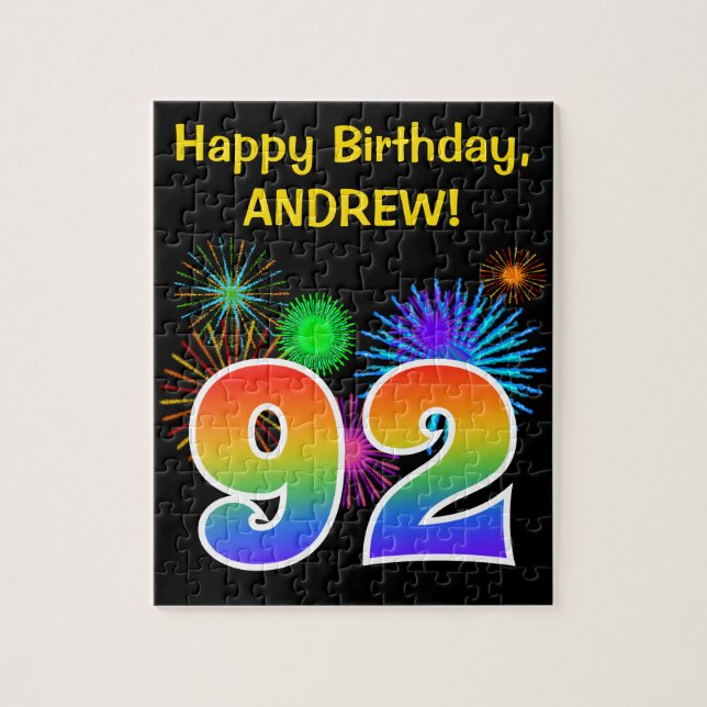 Fun Fireworks + Rainbow Pattern "92" Birthday # Jigsaw Puzzle (Vertical)