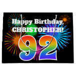 [ Thumbnail: Fun Fireworks + Rainbow Pattern "92" Birthday # Gift Bag ]