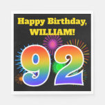 [ Thumbnail: Fun Fireworks + Rainbow Pattern "92" Birthday # Napkins ]