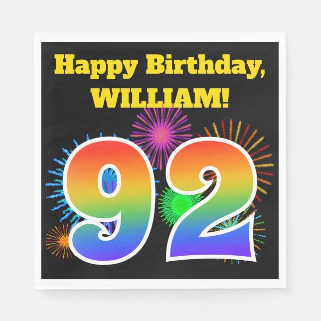 Fun Fireworks + Rainbow Pattern "92" Birthday # Napkins (Front)