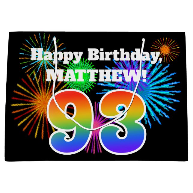 Fun Fireworks + Rainbow Pattern "93" Birthday # Large Gift Bag (Front)