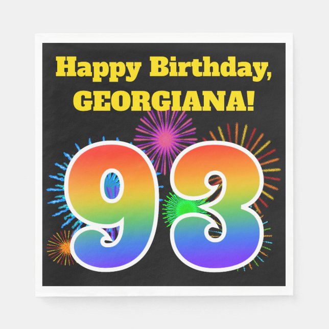 Fun Fireworks + Rainbow Pattern "93" Birthday # Napkins (Front)
