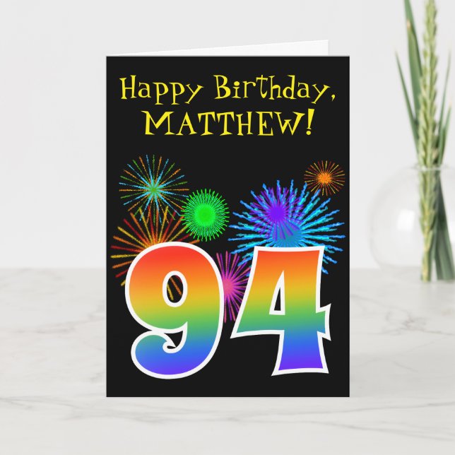 Fun Fireworks + Rainbow Pattern "94" Birthday # Card (Front)