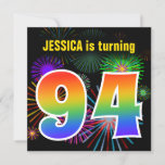 [ Thumbnail: Fun Fireworks + Rainbow Pattern "94" Birthday # Invitation ]