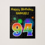 [ Thumbnail: Fun Fireworks + Rainbow Pattern "94" Birthday # Jigsaw Puzzle ]
