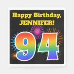 [ Thumbnail: Fun Fireworks + Rainbow Pattern "94" Birthday # Napkins ]