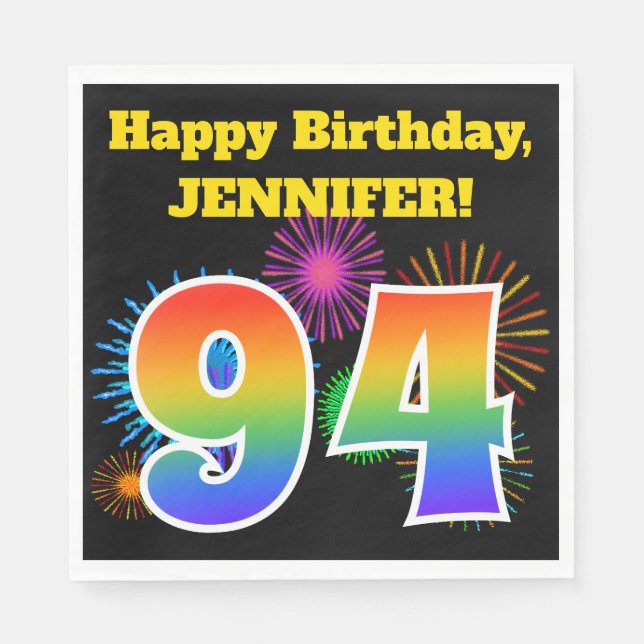 Fun Fireworks + Rainbow Pattern "94" Birthday # Napkins (Front)