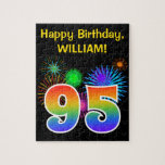 [ Thumbnail: Fun Fireworks + Rainbow Pattern "95" Birthday # Jigsaw Puzzle ]