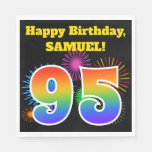 [ Thumbnail: Fun Fireworks + Rainbow Pattern "95" Birthday # Napkins ]