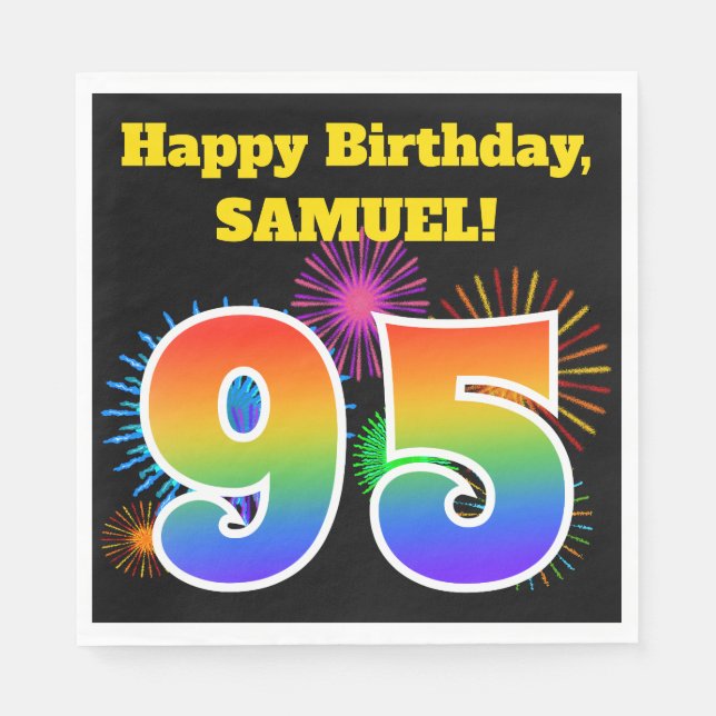 Fun Fireworks + Rainbow Pattern "95" Birthday # Napkins (Front)