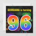 [ Thumbnail: Fun Fireworks + Rainbow Pattern "96" Birthday # Invitation ]