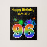 [ Thumbnail: Fun Fireworks + Rainbow Pattern "96" Birthday # Jigsaw Puzzle ]