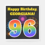 [ Thumbnail: Fun Fireworks + Rainbow Pattern "96" Birthday # Napkins ]
