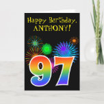 [ Thumbnail: Fun Fireworks + Rainbow Pattern "97" Birthday # Card ]