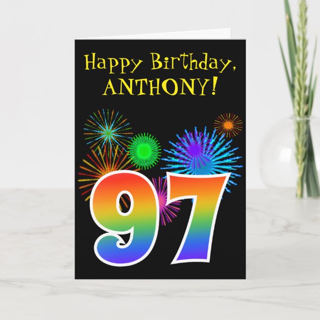 Fun Fireworks + Rainbow Pattern "97" Birthday # Card (Front)