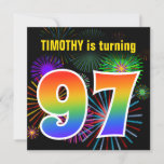 [ Thumbnail: Fun Fireworks + Rainbow Pattern "97" Birthday # Invitation ]