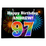 [ Thumbnail: Fun Fireworks + Rainbow Pattern "97" Birthday # Gift Bag ]