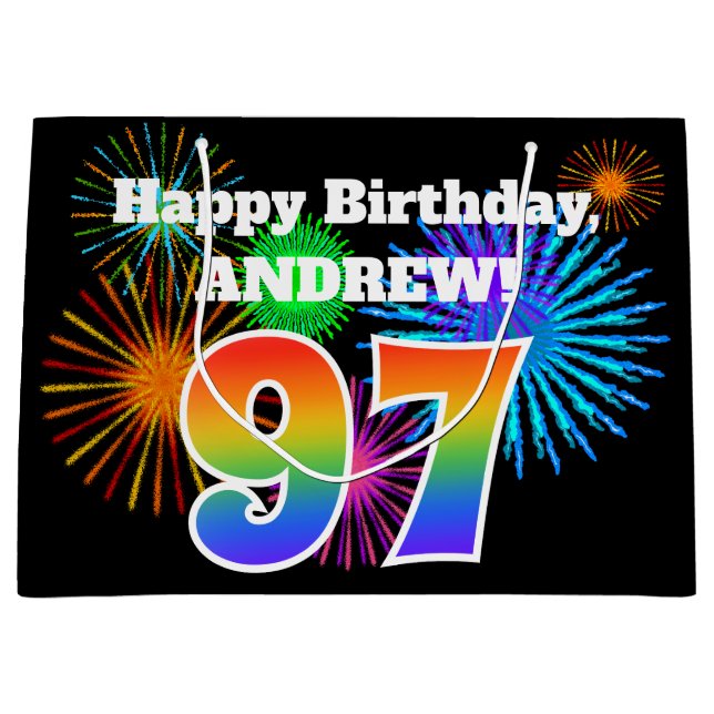 Fun Fireworks + Rainbow Pattern "97" Birthday # Large Gift Bag (Front)