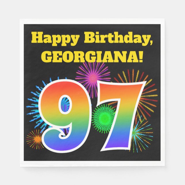 Fun Fireworks + Rainbow Pattern "97" Birthday # Napkins (Front)