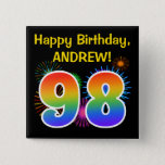 [ Thumbnail: Fun Fireworks + Rainbow Pattern "98" Birthday # Button ]
