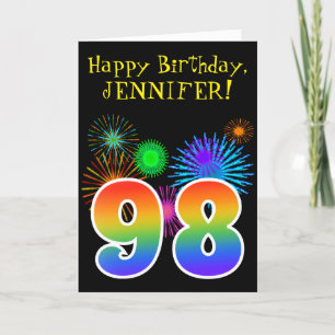 Fun Fireworks + Rainbow Pattern "98" Birthday # Card