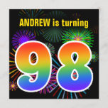 [ Thumbnail: Fun Fireworks + Rainbow Pattern "98" Birthday # Invitation ]