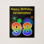 [ Thumbnail: Fun Fireworks + Rainbow Pattern "98" Birthday # Jigsaw Puzzle ]