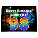 [ Thumbnail: Fun Fireworks + Rainbow Pattern "98" Birthday # Gift Bag ]