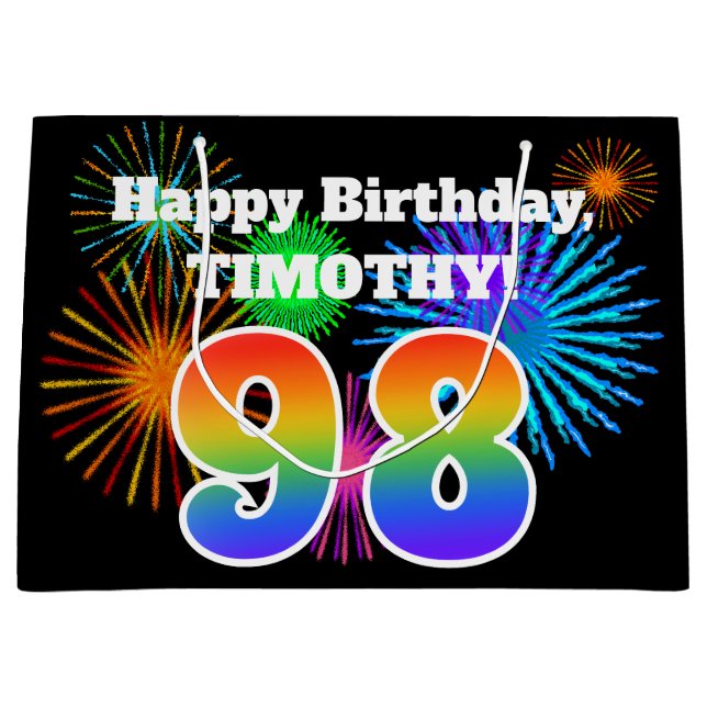 Fun Fireworks + Rainbow Pattern "98" Birthday # Large Gift Bag (Front)