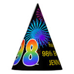 [ Thumbnail: Fun Fireworks + Rainbow Pattern "98" Birthday # Party Hat ]