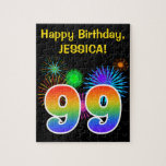 [ Thumbnail: Fun Fireworks + Rainbow Pattern "99" Birthday # Jigsaw Puzzle ]