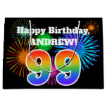 [ Thumbnail: Fun Fireworks + Rainbow Pattern "99" Birthday # Gift Bag ]