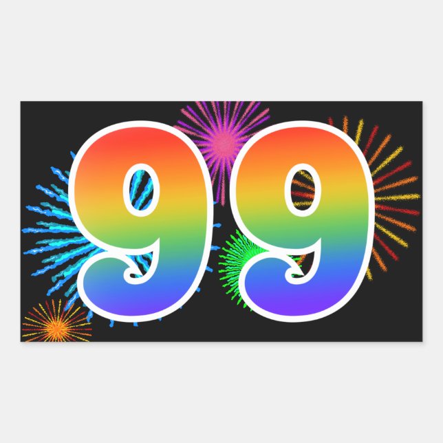 Fun Fireworks + Rainbow Pattern "99" Event Number Rectangular Sticker (Front)