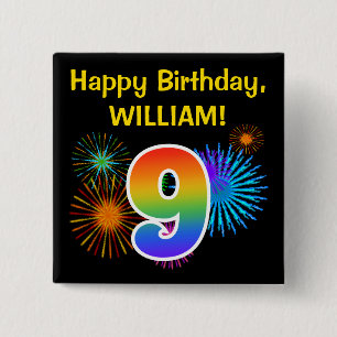 Fun Fireworks + Rainbow Pattern "9" Birthday # Button