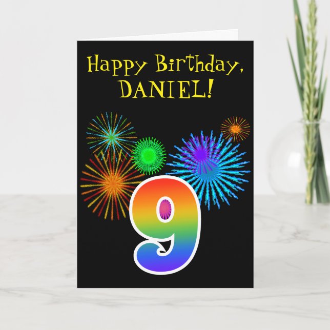 Fun Fireworks + Rainbow Pattern "9" Birthday # Card (Front)