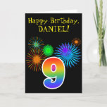 [ Thumbnail: Fun Fireworks + Rainbow Pattern "9" Birthday # Card ]
