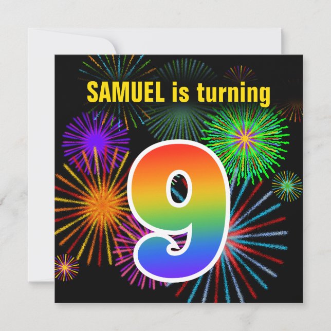 Fun Fireworks + Rainbow Pattern "9" Birthday # Invitation (Front)