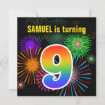 [ Thumbnail: Fun Fireworks + Rainbow Pattern "9" Birthday # Invitation ]