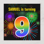 [ Thumbnail: Fun Fireworks + Rainbow Pattern "9" Birthday # Invitation ]