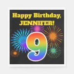 [ Thumbnail: Fun Fireworks + Rainbow Pattern "9" Birthday # Napkins ]