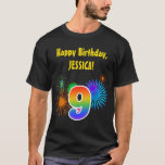 [ Thumbnail: Fun Fireworks + Rainbow Pattern "9" Birthday # T-Shirt ]