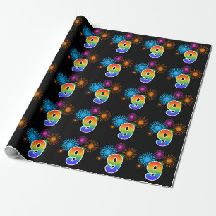 Fun Fireworks + Rainbow Pattern "9" Event Number Wrapping Paper
