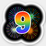 [ Thumbnail: Fun Fireworks + Rainbow Pattern "9" Event # Sticker ]