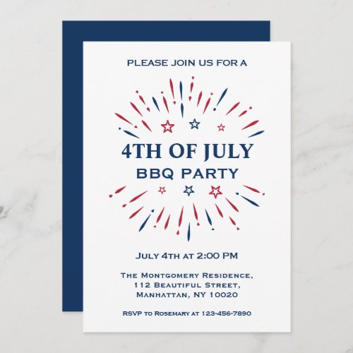Fun Fireworks Red White Blue 4th Of July BBQ Party Invitation