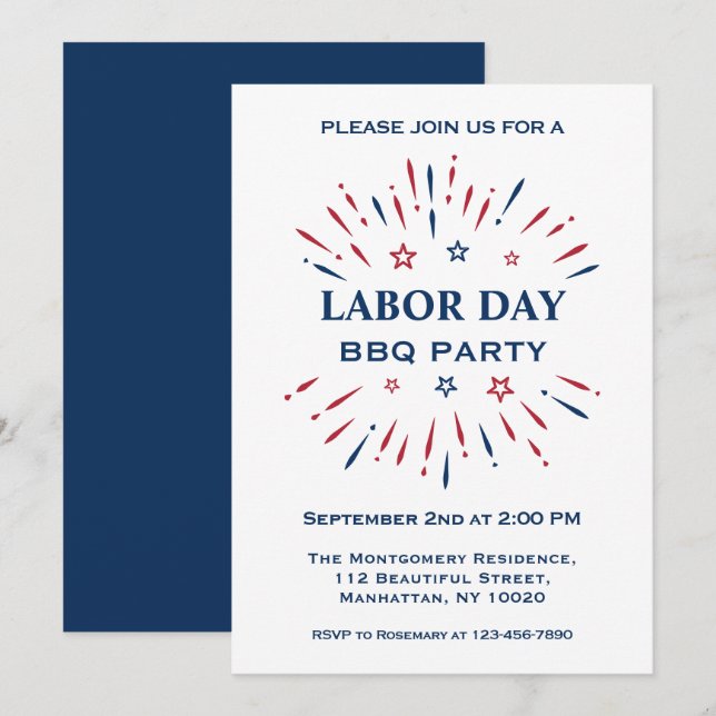 Fun Fireworks Red White Blue Labor Day BBQ Party Invitation (Front/Back)