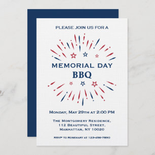 Fun Fireworks Red White Blue Memorial Day BBQ Invitation
