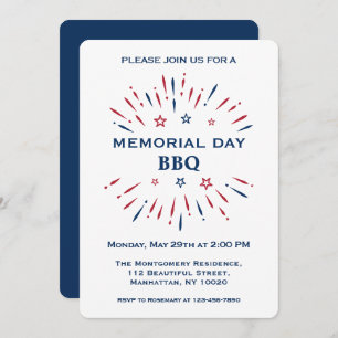 Fun Fireworks Red White Blue Memorial Day BBQ Invitation
