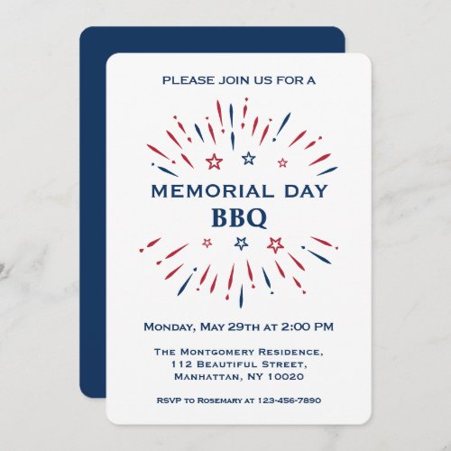 Fun Fireworks Red White Blue Memorial Day BBQ Invitation