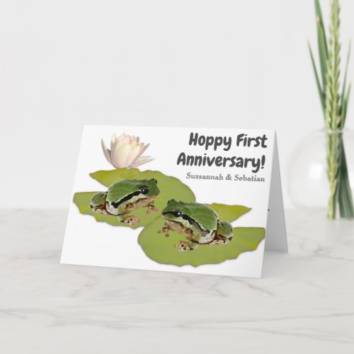 Fun First Anniversary Frog Couple Photo Lily Pads Card