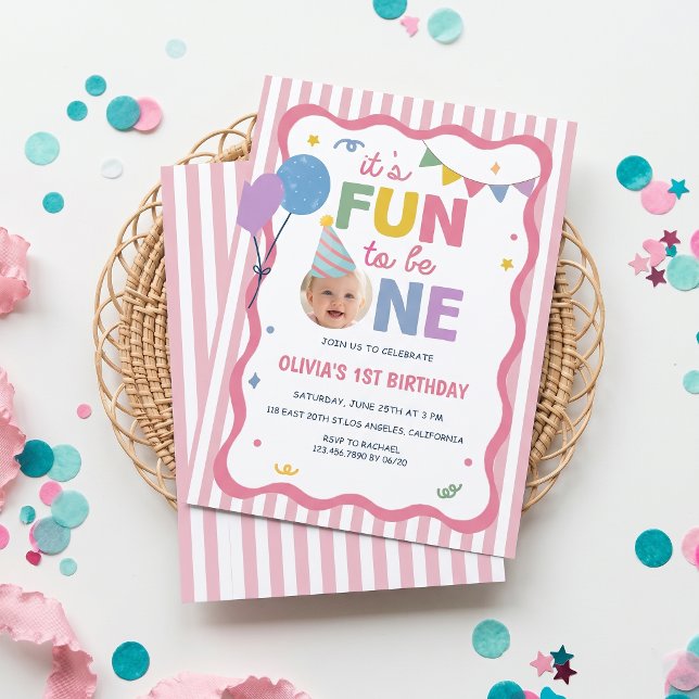 Fun First Birthday Pink Stripes Birthday Invite (Creator Uploaded)